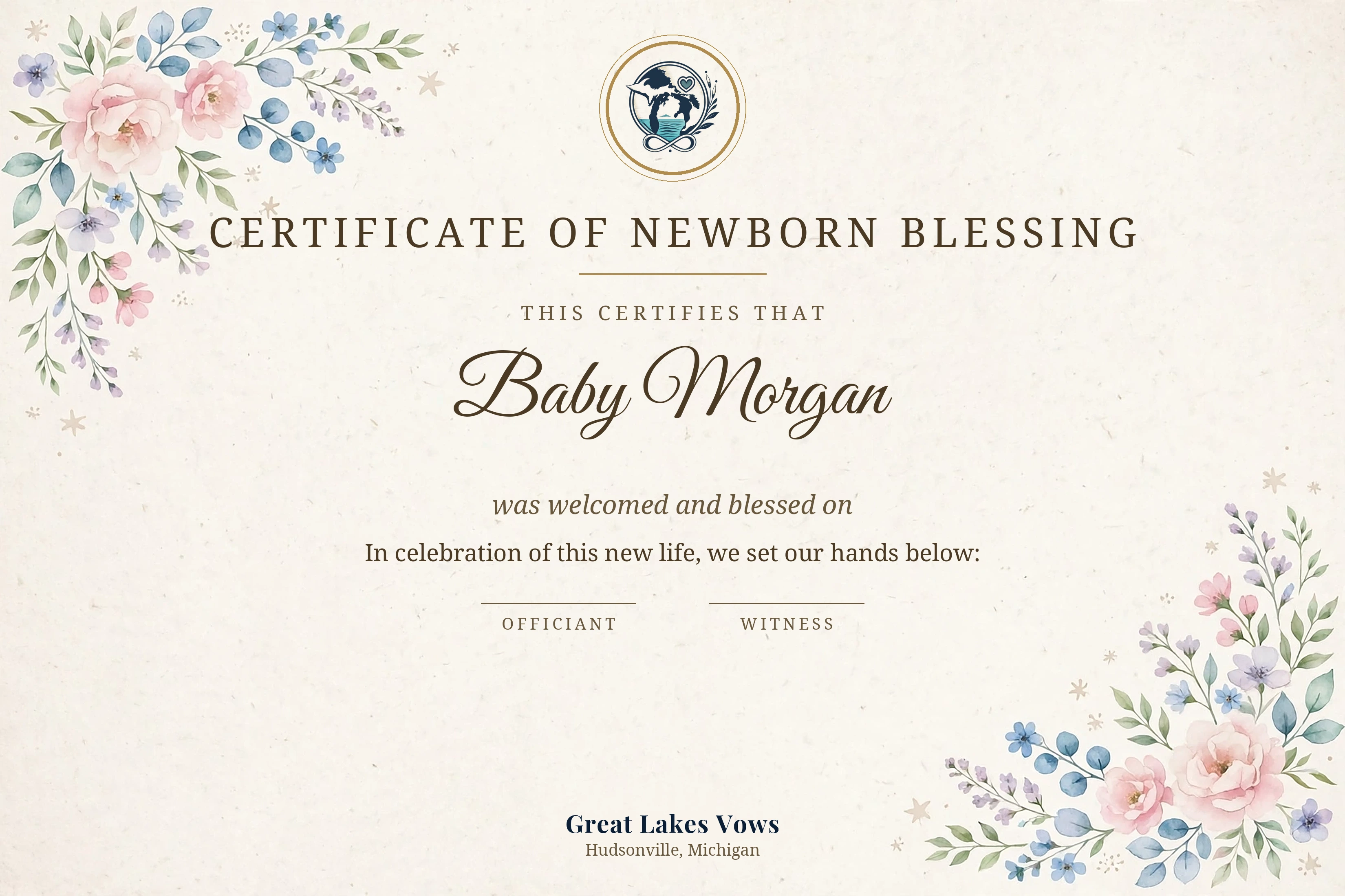 Certificate of Newborn Blessing displayed in a digital white mat and black frame mockup