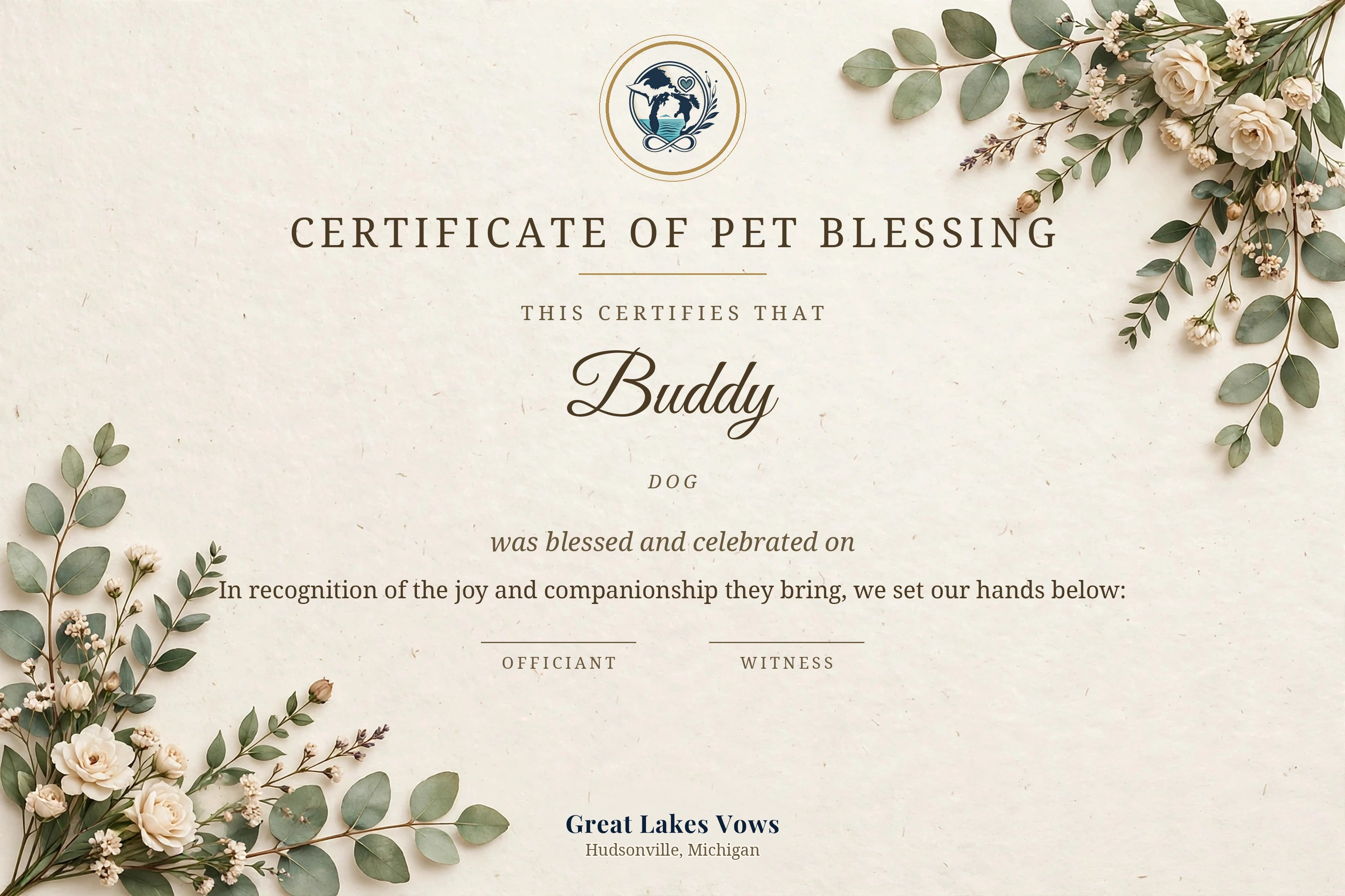 Certificate of Pet Blessing displayed in a digital white mat and black frame mockup
