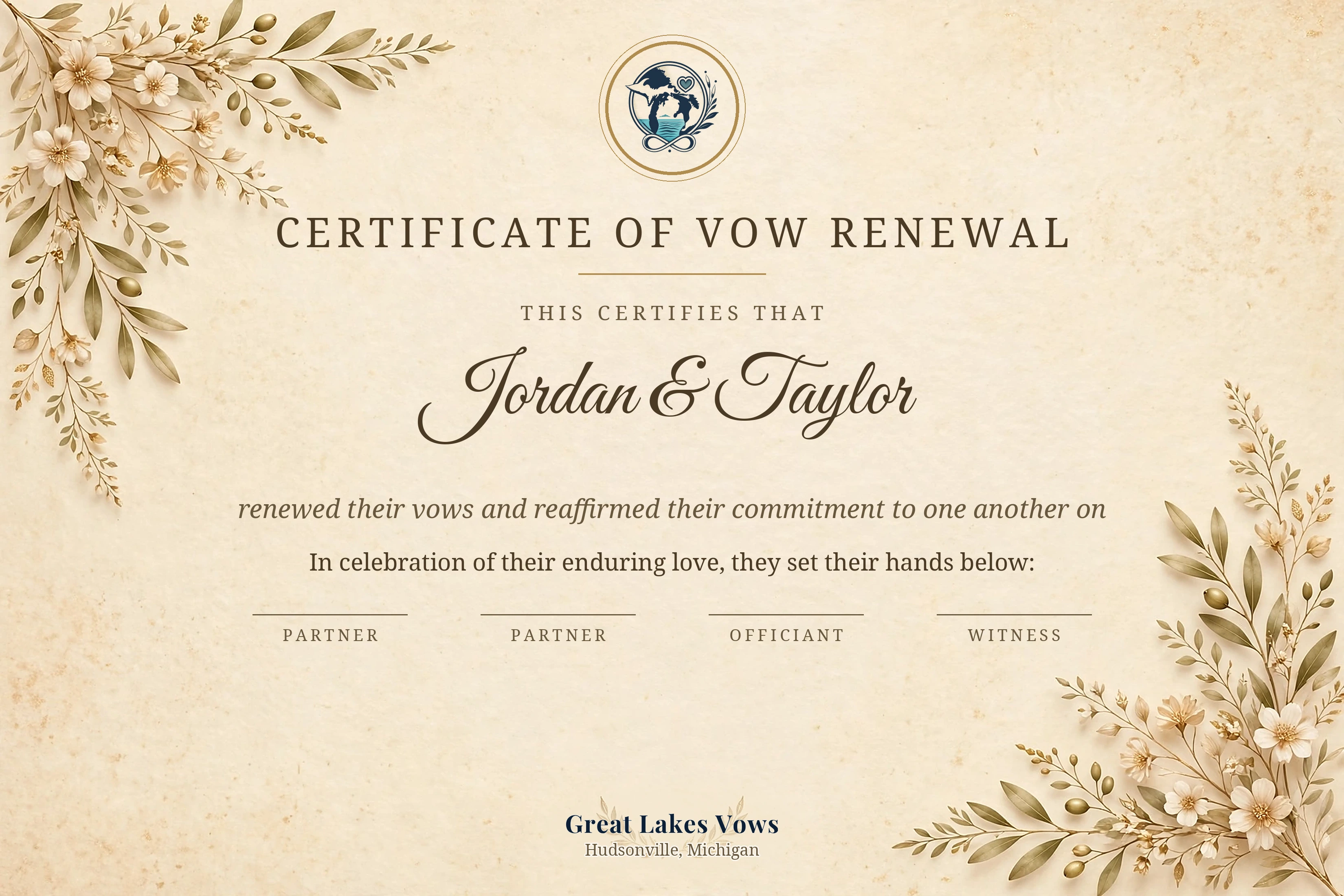 Certificate of Vow Renewal displayed in a digital white mat and black frame mockup