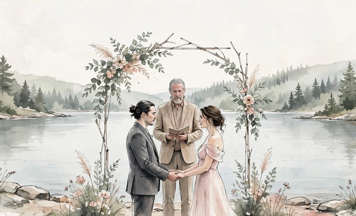 Watercolor painting of Randy officiating a couple’s lakeside wedding ceremony