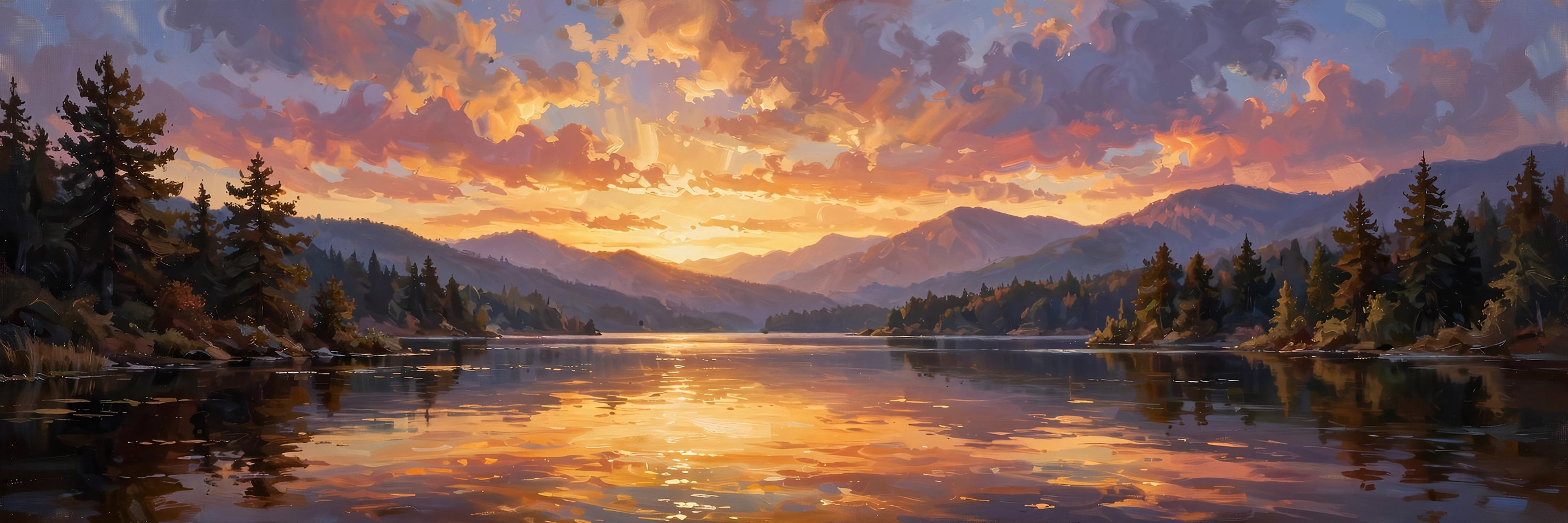 Painted sunset glowing across a calm lake framed by a wooded shoreline