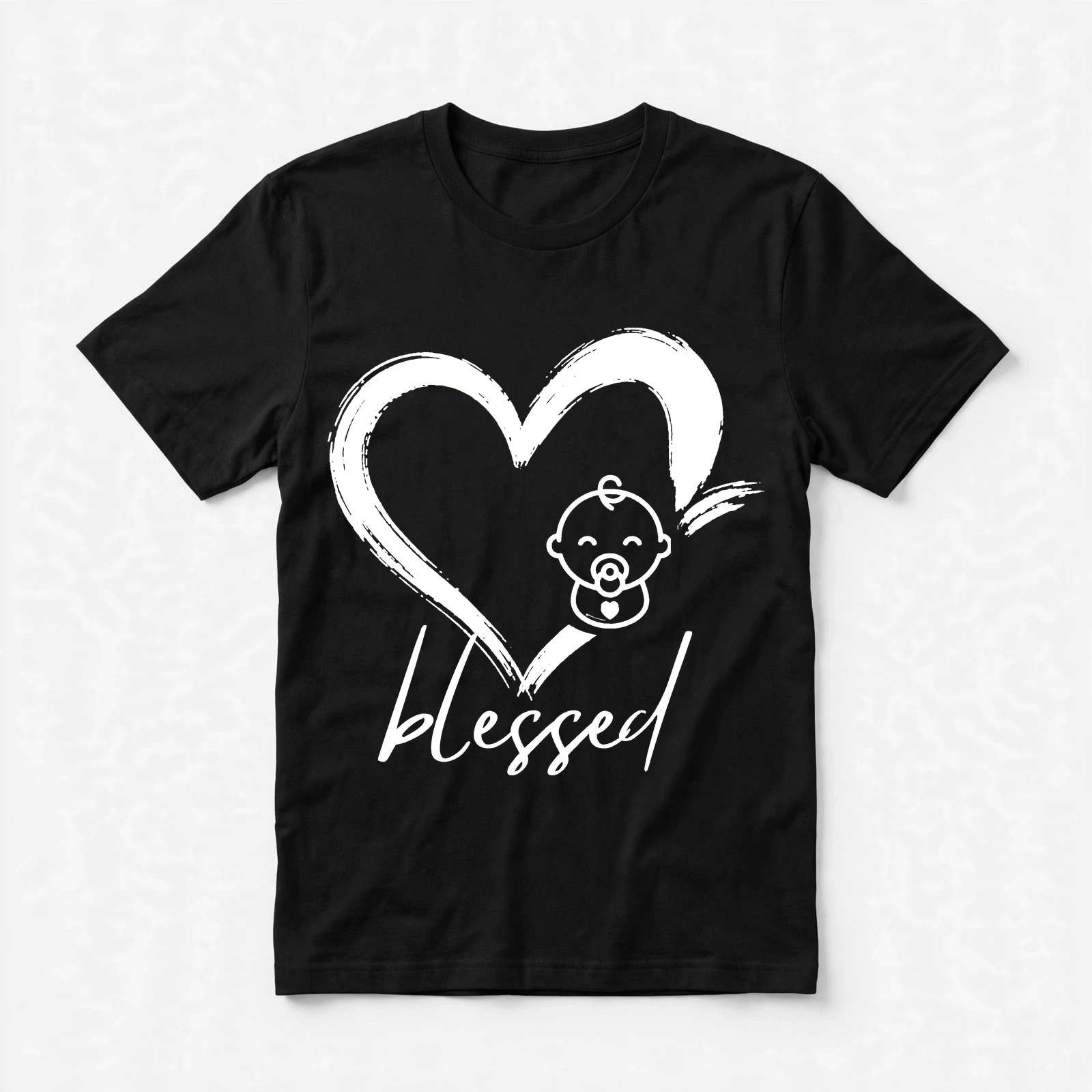 Black tee with the Blessed Baby heart-and-pacifier design