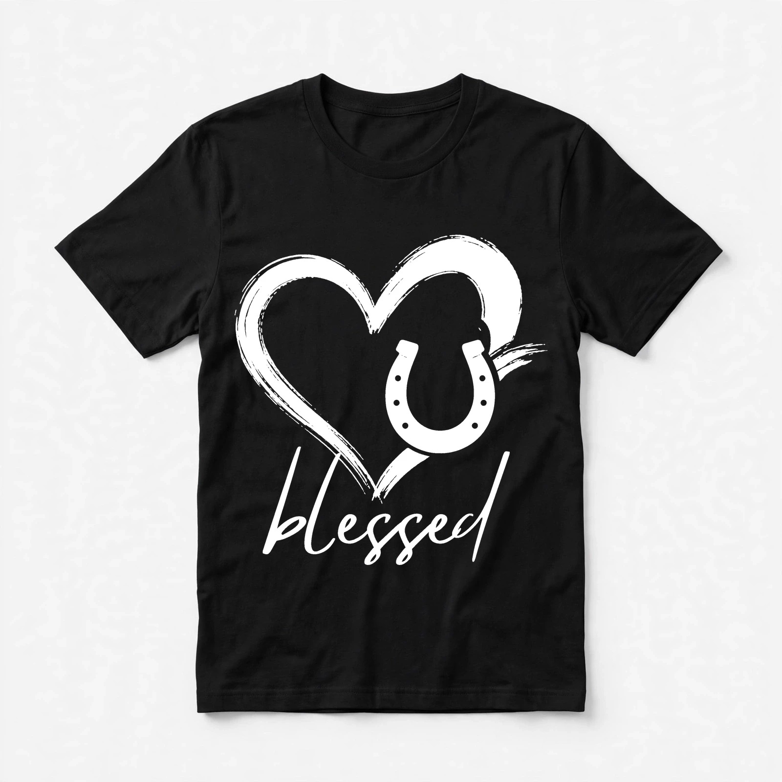Black tee with the Blessed Horse heart-and-horseshoe design
