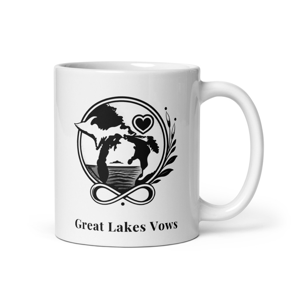 White mug with the official black Great Lakes Vows badge and wordmark in a clean front-facing product photo
