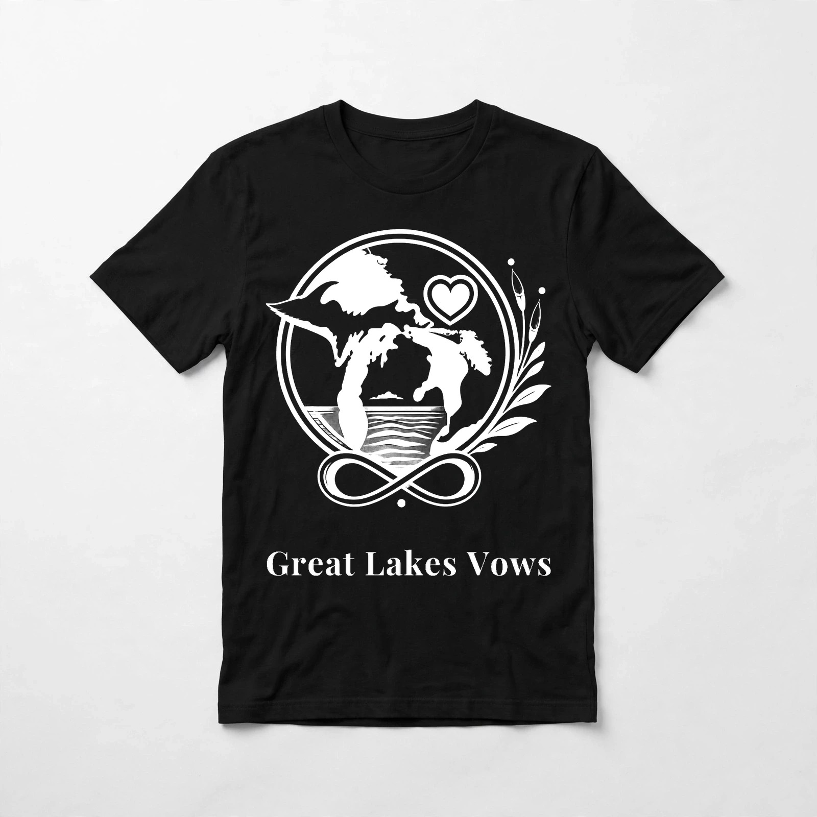Front of a black tee with the white Great Lakes Vows badge and wordmark centered on the chest
